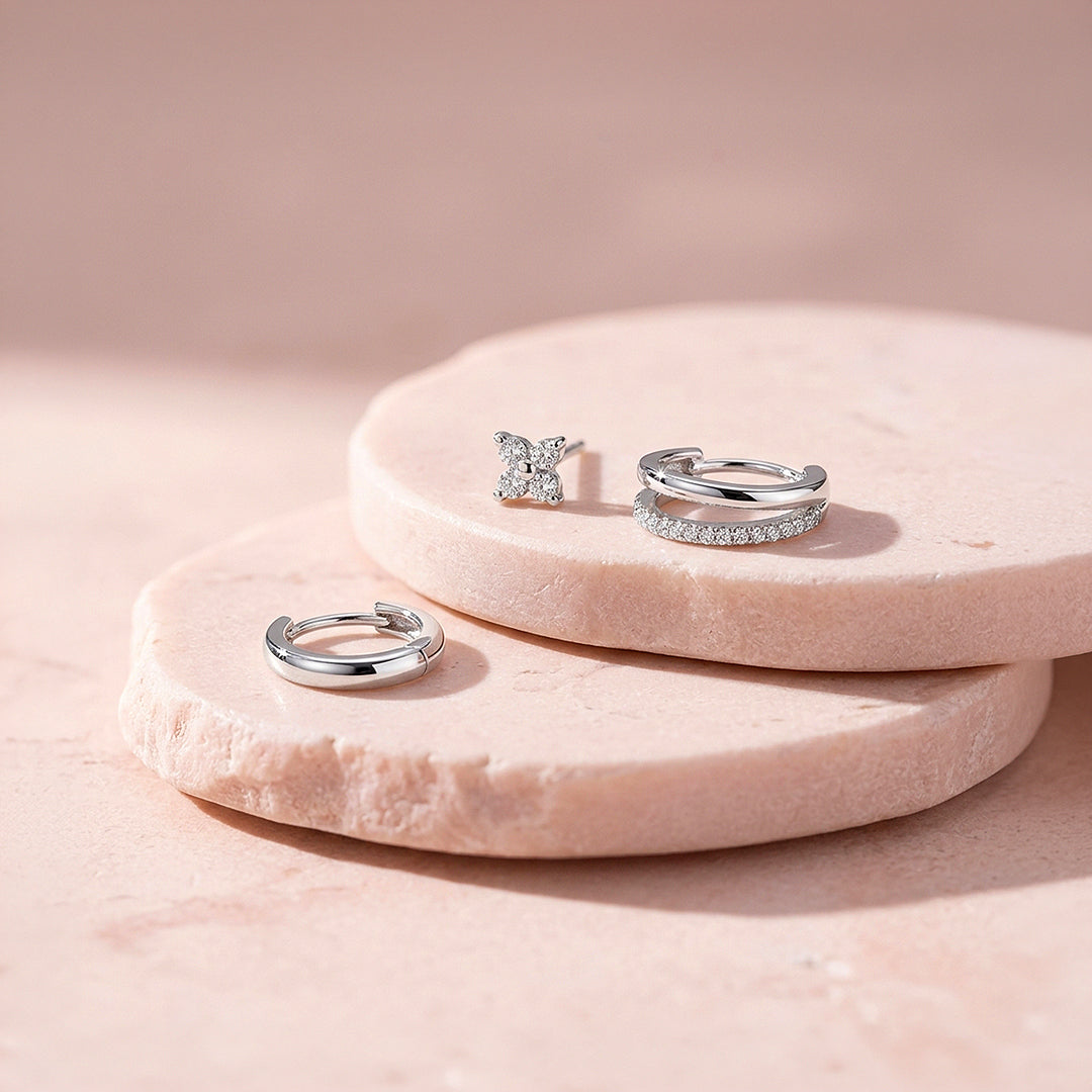 Floral Stud, Classic Huggie and Double Band Hoop Earrings Set (3 Pairs) | Luxe3789
