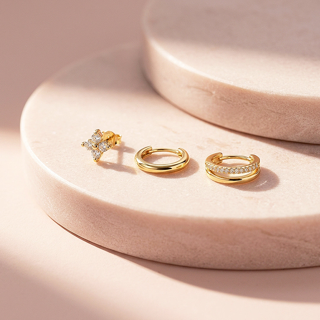 Floral Stud, Classic Huggie and Double Band Hoop Earrings Set (3 Pairs) | Luxe3789