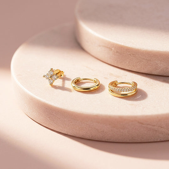 Floral Stud, Classic Huggie and Double Band Hoop Earrings Set (3 Pairs) | Luxe3789