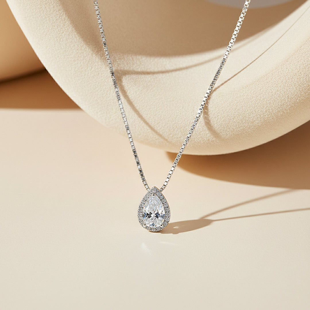 Teardrop Halo Pendant Necklace | Silver | Luxe4449 - Luxe Necklace | Singapore Jewellery, Wedding Rings &amp; Gifts | Same Day Delivery | Tiara.com.sg