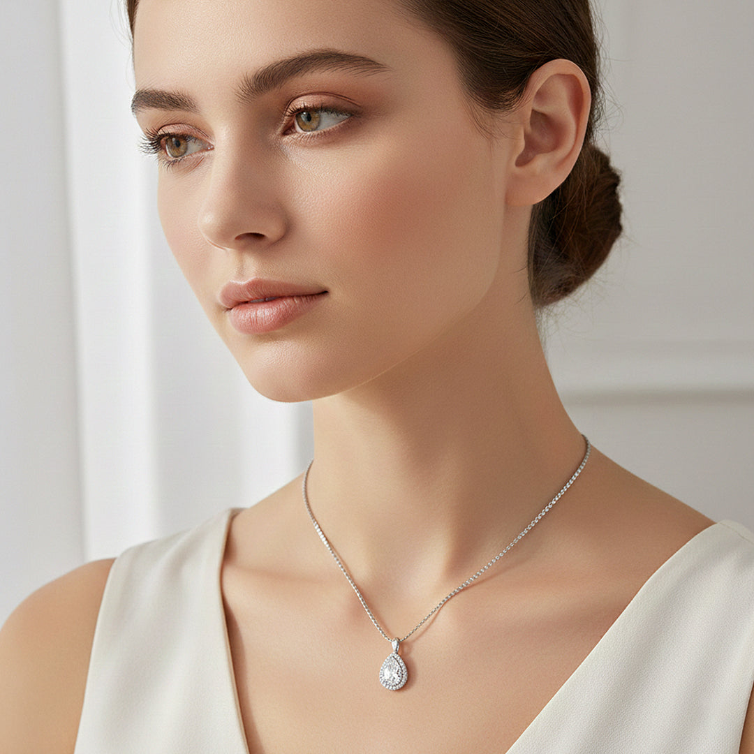Teardrop Halo Pendant Necklace | Silver | Luxe4449 - Luxe Necklace | Singapore Jewellery, Wedding Rings &amp; Gifts | Same Day Delivery | Tiara.com.sg