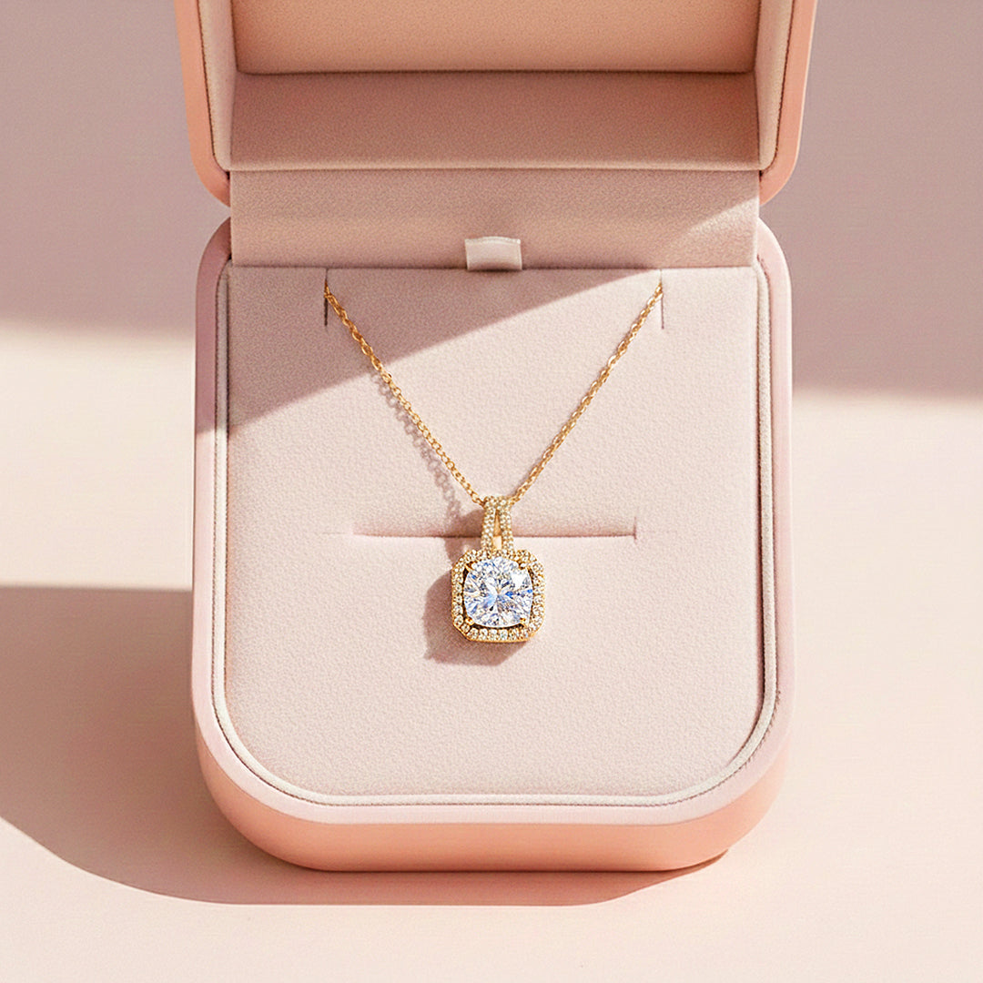 Cushion Halo Pendant Necklace | Gold | Luxe4451 - Luxe Necklace | Singapore Jewellery, Wedding Rings &amp; Gifts | Same Day Delivery | Tiara.com.sg
