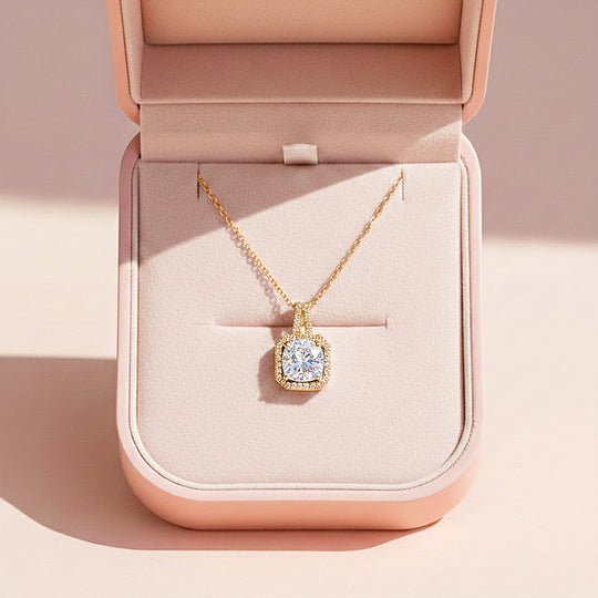 Cushion Halo Pendant Necklace | Gold | Luxe4451 - Luxe Necklace | Singapore Jewellery, Wedding Rings &amp; Gifts | Same Day Delivery | Tiara.com.sg
