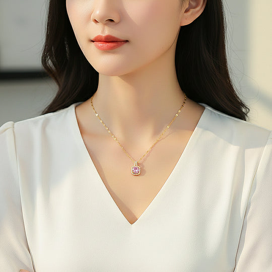 Cushion Halo Pendant Necklace | Gold | Luxe4451 - Luxe Necklace | Singapore Jewellery, Wedding Rings &amp; Gifts | Same Day Delivery | Tiara.com.sg