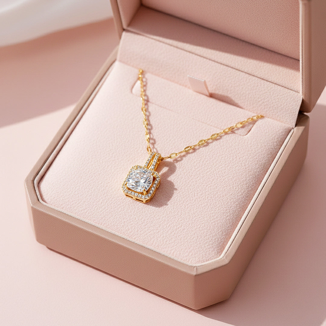 Cushion Halo Pendant Necklace | Gold | Luxe4451 - Luxe Necklace | Singapore Jewellery, Wedding Rings &amp; Gifts | Same Day Delivery | Tiara.com.sg