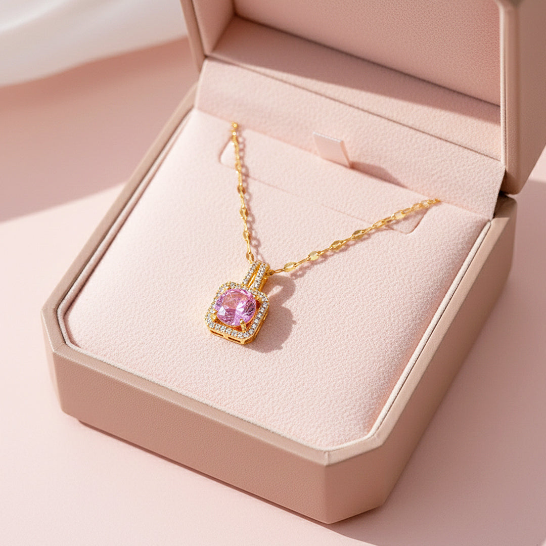 Cushion Halo Pendant Necklace | Gold | Luxe4451 - Luxe Necklace | Singapore Jewellery, Wedding Rings &amp; Gifts | Same Day Delivery | Tiara.com.sg