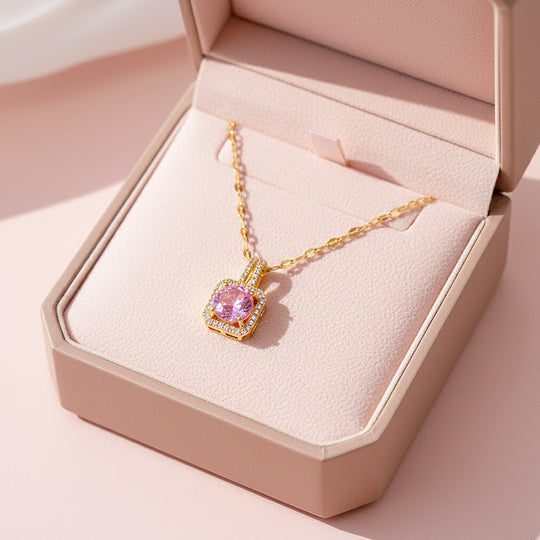 Cushion Halo Pendant Necklace | Gold | Luxe4451 - Luxe Necklace | Singapore Jewellery, Wedding Rings &amp; Gifts | Same Day Delivery | Tiara.com.sg