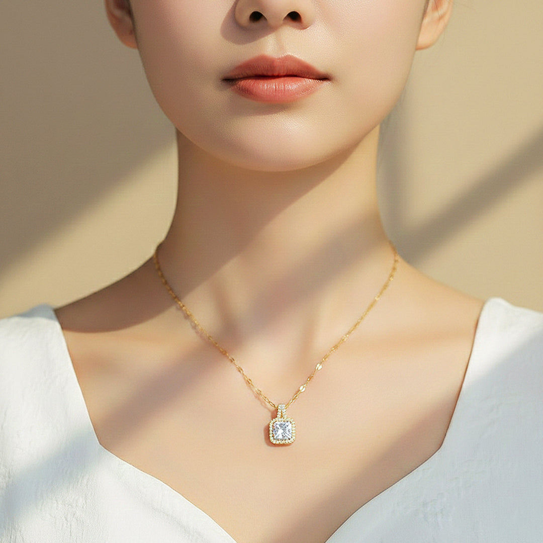 Cushion Halo Pendant Necklace | Gold | Luxe4451 - Luxe Necklace | Singapore Jewellery, Wedding Rings &amp; Gifts | Same Day Delivery | Tiara.com.sg