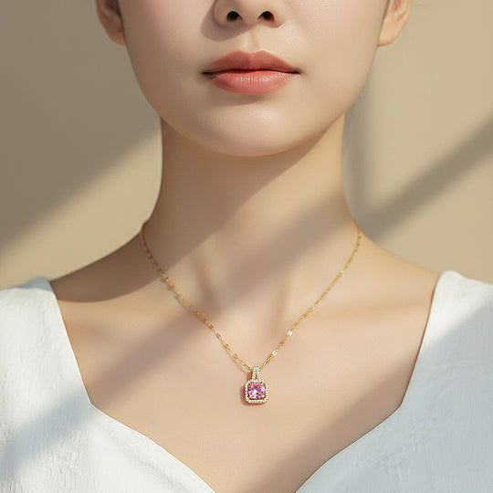 Cushion Halo Pendant Necklace | Gold | Luxe4451 - Luxe Necklace | Singapore Jewellery, Wedding Rings &amp; Gifts | Same Day Delivery | Tiara.com.sg