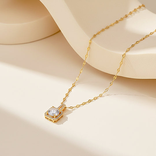 Cushion Halo Pendant Necklace | Gold | Luxe4451 - Luxe Necklace | Singapore Jewellery, Wedding Rings &amp; Gifts | Same Day Delivery | Tiara.com.sg