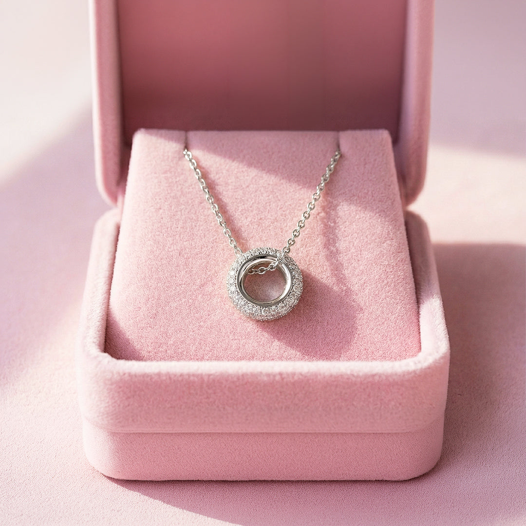 Double Halo Circle Pendant Necklace | White Gold / Gold | Luxe4463 - Luxe Necklace | Singapore Jewellery, Wedding Rings &amp; Gifts | Same Day Delivery | Tiara.com.sg