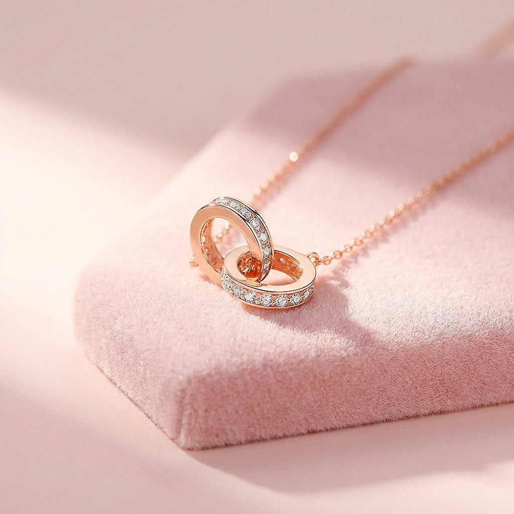 Interlocking Double Ring Pendant Necklace | White Gold &amp; Rose Gold | Luxe4465 - Luxe Necklace | Singapore Jewellery, Wedding Rings &amp; Gifts | Same Day Delivery | Tiara.com.sg