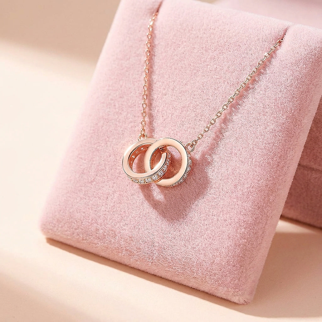 Interlocking Double Ring Pendant Necklace | White Gold &amp; Rose Gold | Luxe4465 - Luxe Necklace | Singapore Jewellery, Wedding Rings &amp; Gifts | Same Day Delivery | Tiara.com.sg