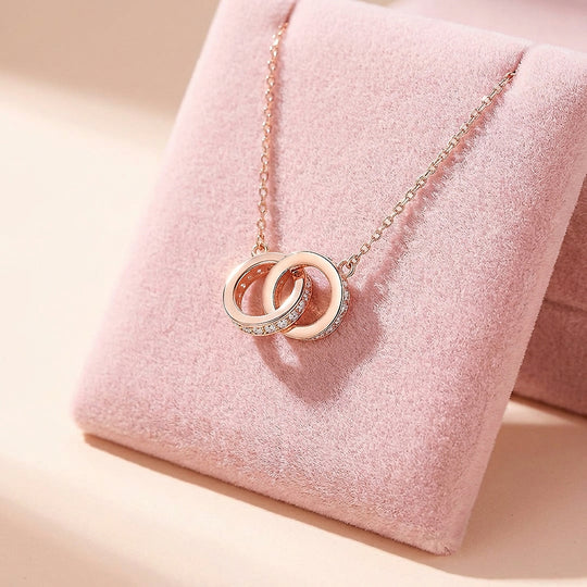 Interlocking Double Ring Pendant Necklace | White Gold &amp; Rose Gold | Luxe4465 - Luxe Necklace | Singapore Jewellery, Wedding Rings &amp; Gifts | Same Day Delivery | Tiara.com.sg