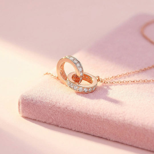 Interlocking Double Ring Pendant Necklace | White Gold &amp; Rose Gold | Luxe4465 - Luxe Necklace | Singapore Jewellery, Wedding Rings &amp; Gifts | Same Day Delivery | Tiara.com.sg