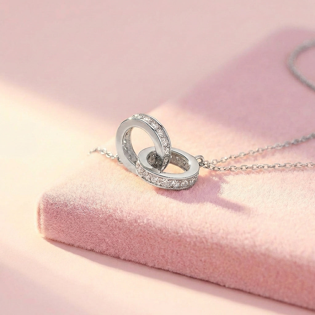 Interlocking Double Ring Pendant Necklace | White Gold &amp; Rose Gold | Luxe4465 - Luxe Necklace | Singapore Jewellery, Wedding Rings &amp; Gifts | Same Day Delivery | Tiara.com.sg