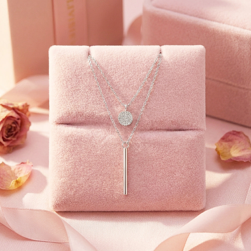 Double Layer Disc & Bar Pendant Necklace | Silver | Luxe4466 - Luxe Necklace | Singapore Jewellery, Wedding Rings & Gifts | Same Day Delivery | Tiara.com.sg