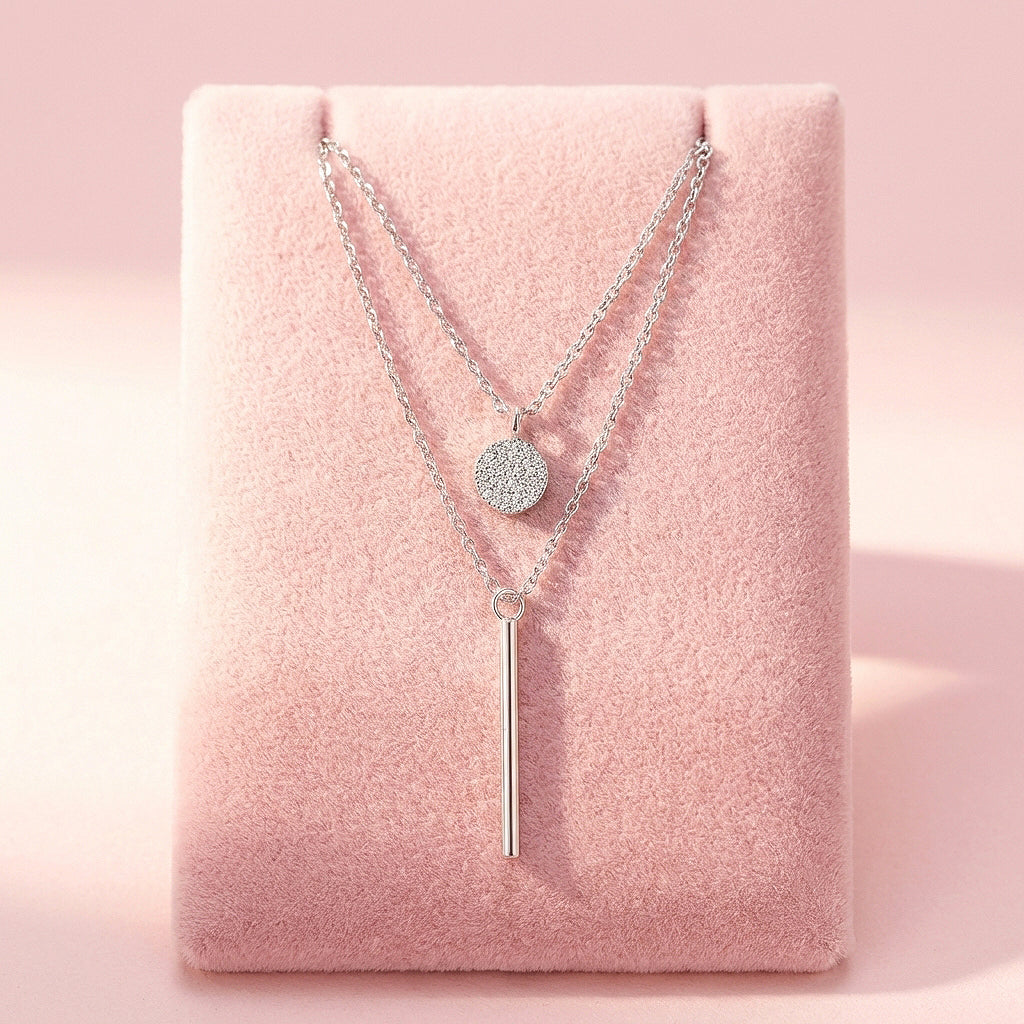 Double Layer Disc & Bar Pendant Necklace | Silver | Luxe4466 - Luxe Necklace | Singapore Jewellery, Wedding Rings & Gifts | Same Day Delivery | Tiara.com.sg