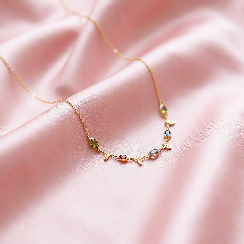 Multi-Stone Bezel & Leaf Station Necklace | Gold | Luxe4469 - Luxe Necklace | Singapore Jewellery, Wedding Rings & Gifts | Same Day Delivery | Tiara.com.sg