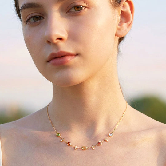 Multi-Stone Bezel &amp; Leaf Station Necklace | Gold | Luxe4469 - Luxe Necklace | Singapore Jewellery, Wedding Rings &amp; Gifts | Same Day Delivery | Tiara.com.sg
