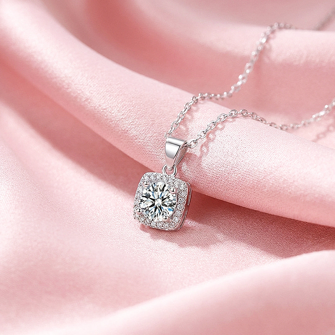 Cushion Halo Diamond Simulant Pendant Necklace | Silver | Luxe4470 - Luxe Necklace | Singapore Jewellery, Wedding Rings &amp; Gifts | Same Day Delivery | Tiara.com.sg