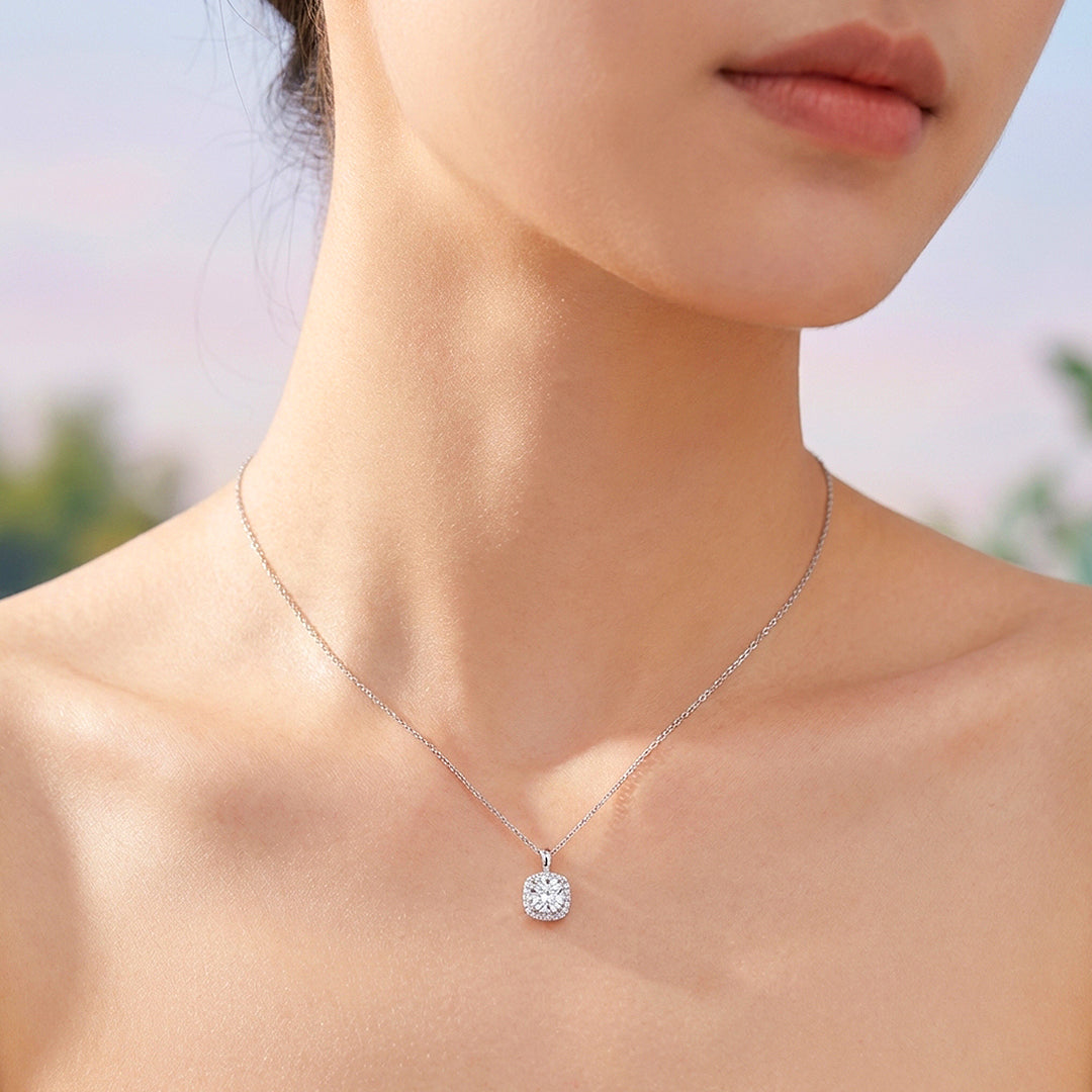Cushion Halo Diamond Simulant Pendant Necklace | Silver | Luxe4470 - Luxe Necklace | Singapore Jewellery, Wedding Rings &amp; Gifts | Same Day Delivery | Tiara.com.sg