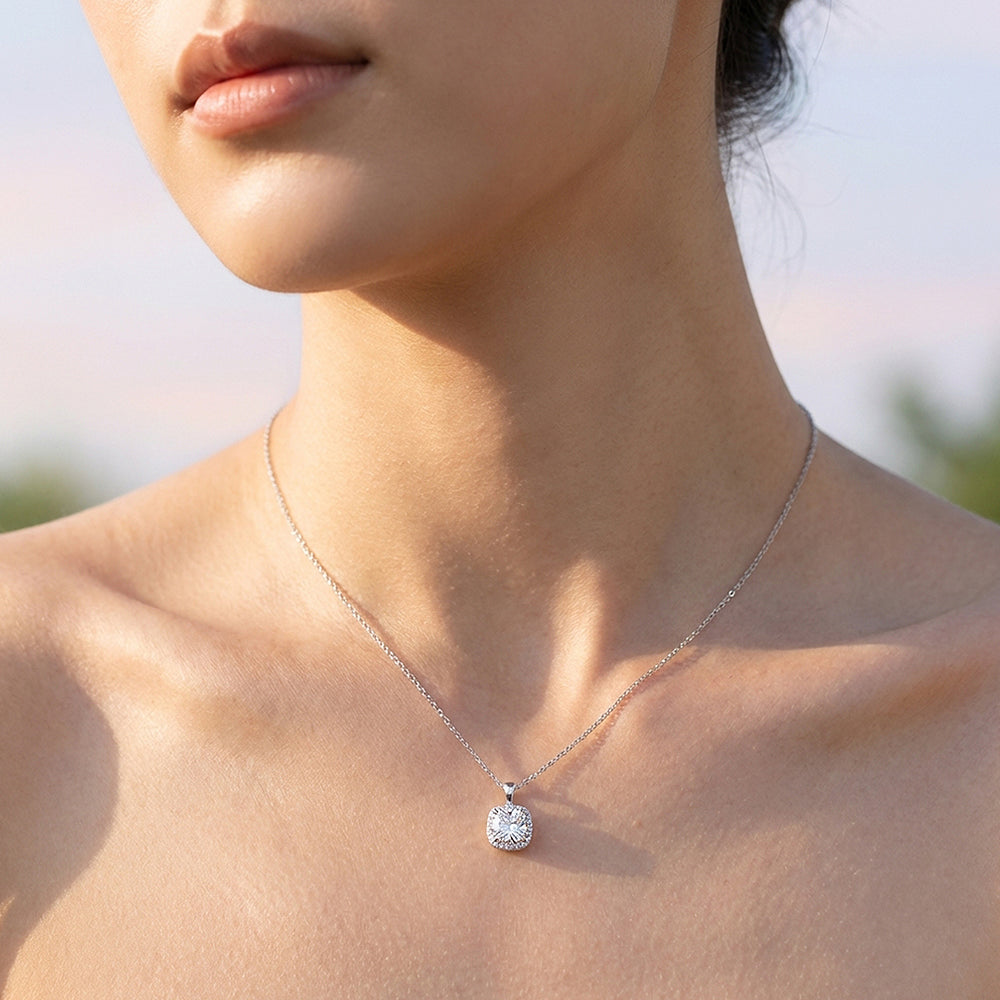 Cushion Halo Diamond Simulant Pendant Necklace | Silver | Luxe4470 - Luxe Necklace | Singapore Jewellery, Wedding Rings & Gifts | Same Day Delivery | Tiara.com.sg