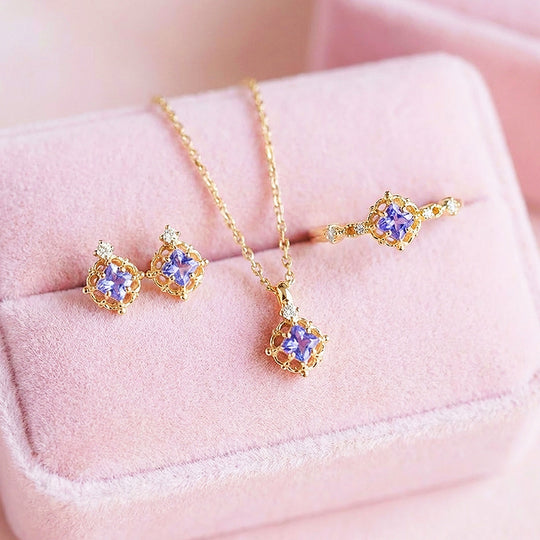 Princess-Cut Vintage Floral Jewelry Set | Gold &amp; Lavender | Luxe4477 - Luxe Necklace | Singapore Jewellery, Wedding Rings &amp; Gifts | Same Day Delivery | Tiara.com.sg