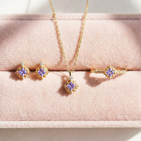 Princess-Cut Vintage Floral Jewelry Set | Gold &amp; Lavender | Luxe4477 - Luxe Necklace | Singapore Jewellery, Wedding Rings &amp; Gifts | Same Day Delivery | Tiara.com.sg