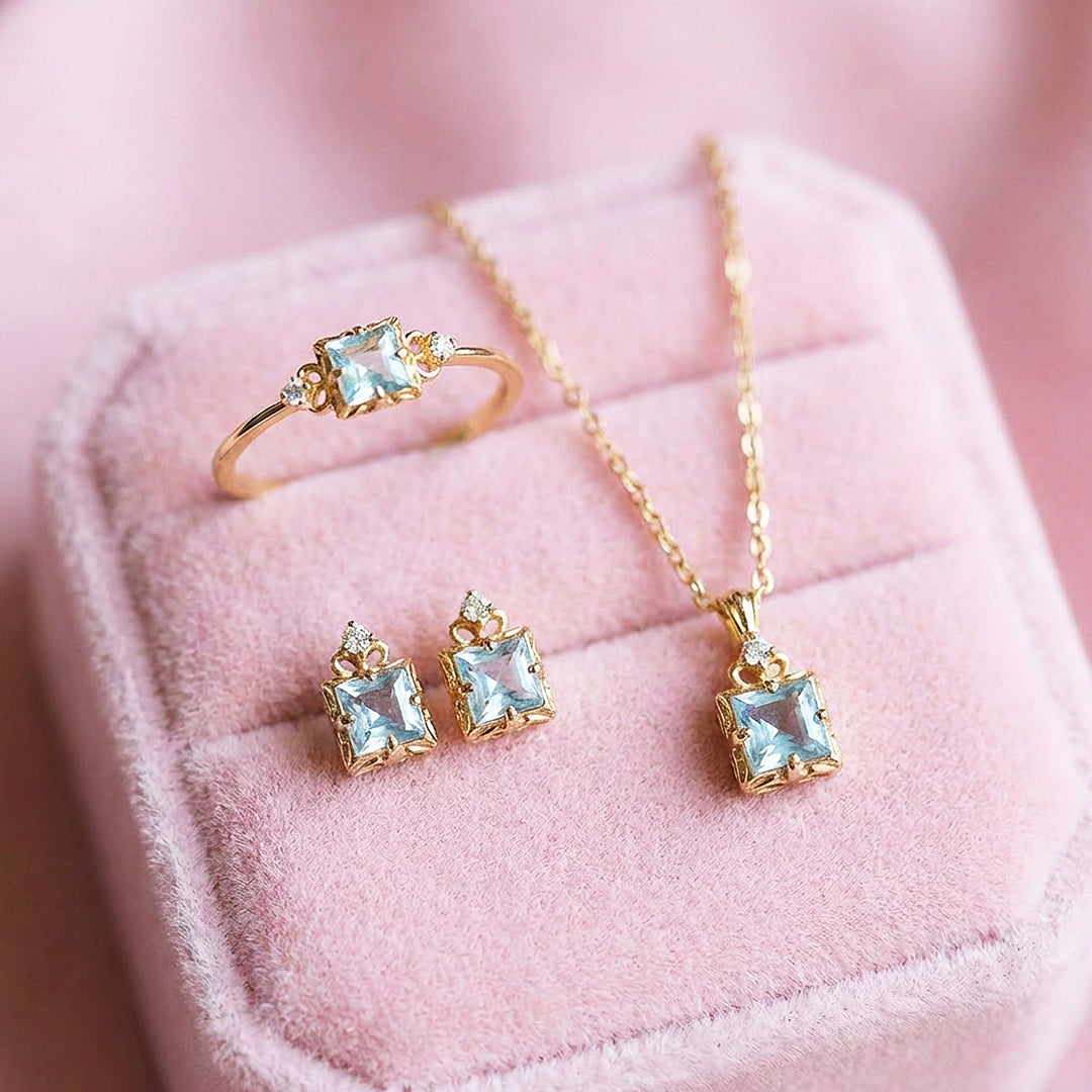 Princess-Cut Vintage Floral Jewelry Set | Gold & Aqua Blue | Luxe4478 - Luxe Necklace | Singapore Jewellery, Wedding Rings & Gifts | Same Day Delivery | Tiara.com.sg