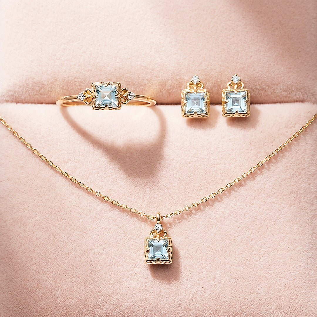 Princess-Cut Vintage Floral Jewelry Set | Gold &amp; Aqua Blue | Luxe4478 - Luxe Necklace | Singapore Jewellery, Wedding Rings &amp; Gifts | Same Day Delivery | Tiara.com.sg