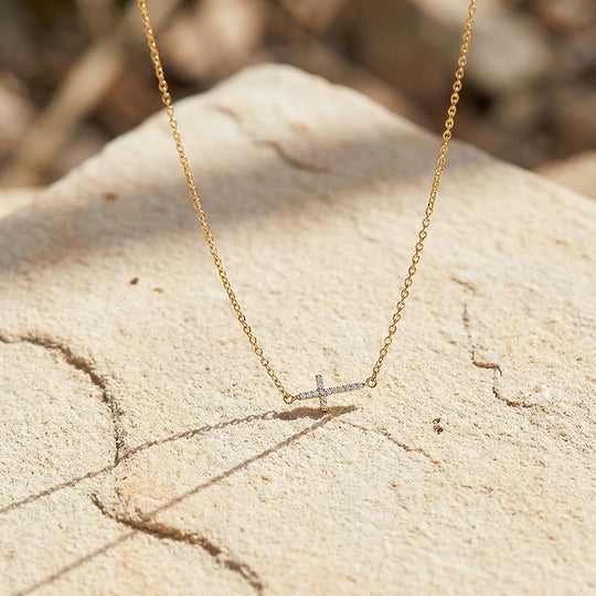 Pavé Sideways Cross Pendant Necklace | Gold | Luxe4479 - Luxe Necklace | Singapore Jewellery, Wedding Rings &amp; Gifts | Same Day Delivery | Tiara.com.sg