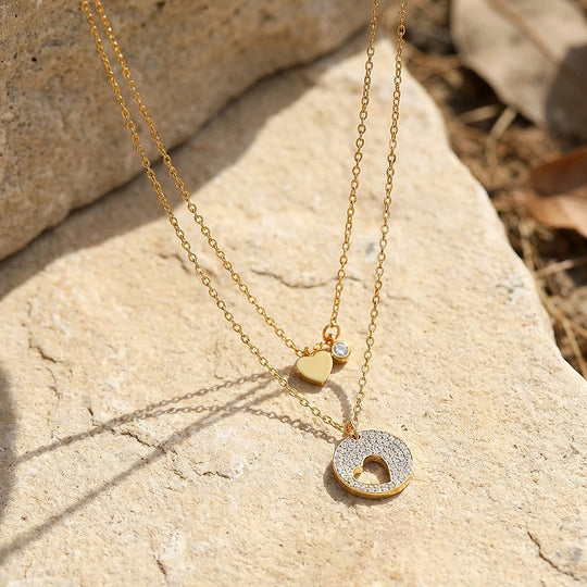 Double Layer Heart &amp; Pavé Circle Pendant Necklace | Gold | Luxe4488