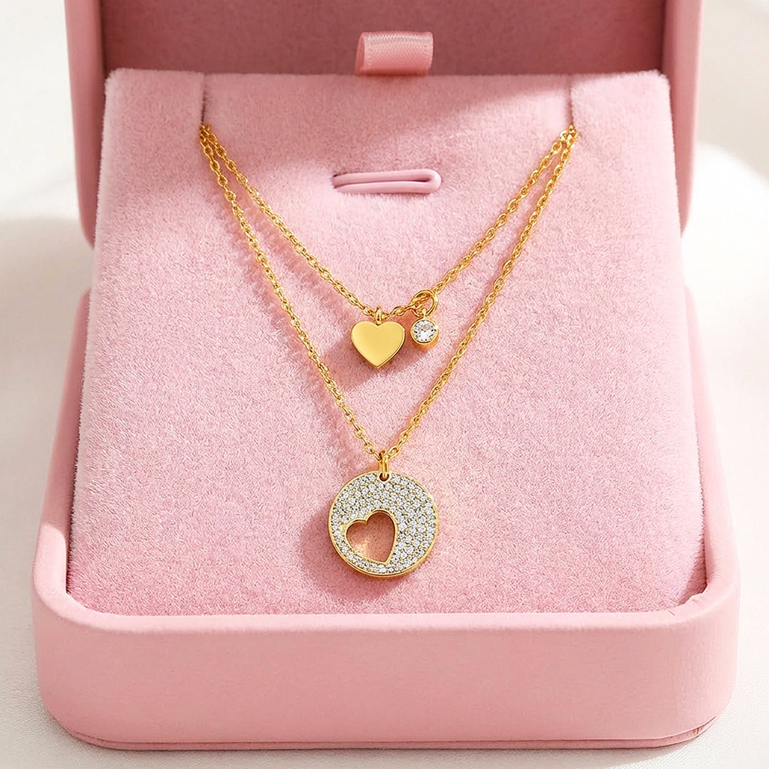 Double Layer Heart &amp; Pavé Circle Pendant Necklace | Gold | Luxe4488