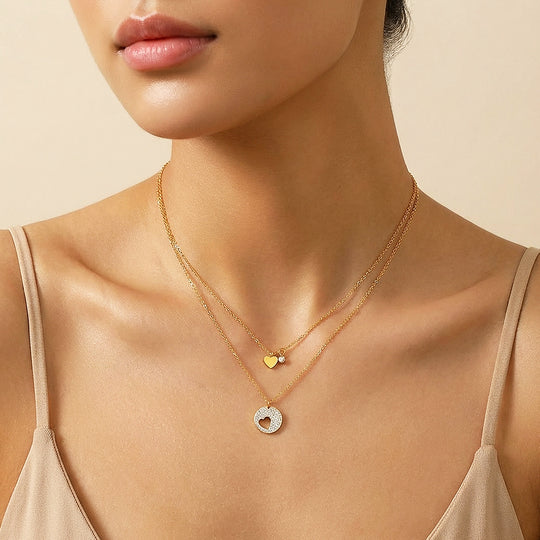 Double Layer Heart &amp; Pavé Circle Pendant Necklace | Gold | Luxe4488