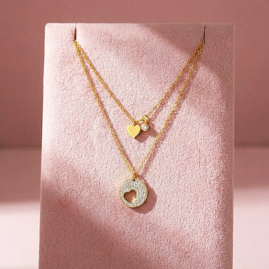 Double Layer Heart &amp; Pavé Circle Pendant Necklace | Gold | Luxe4488