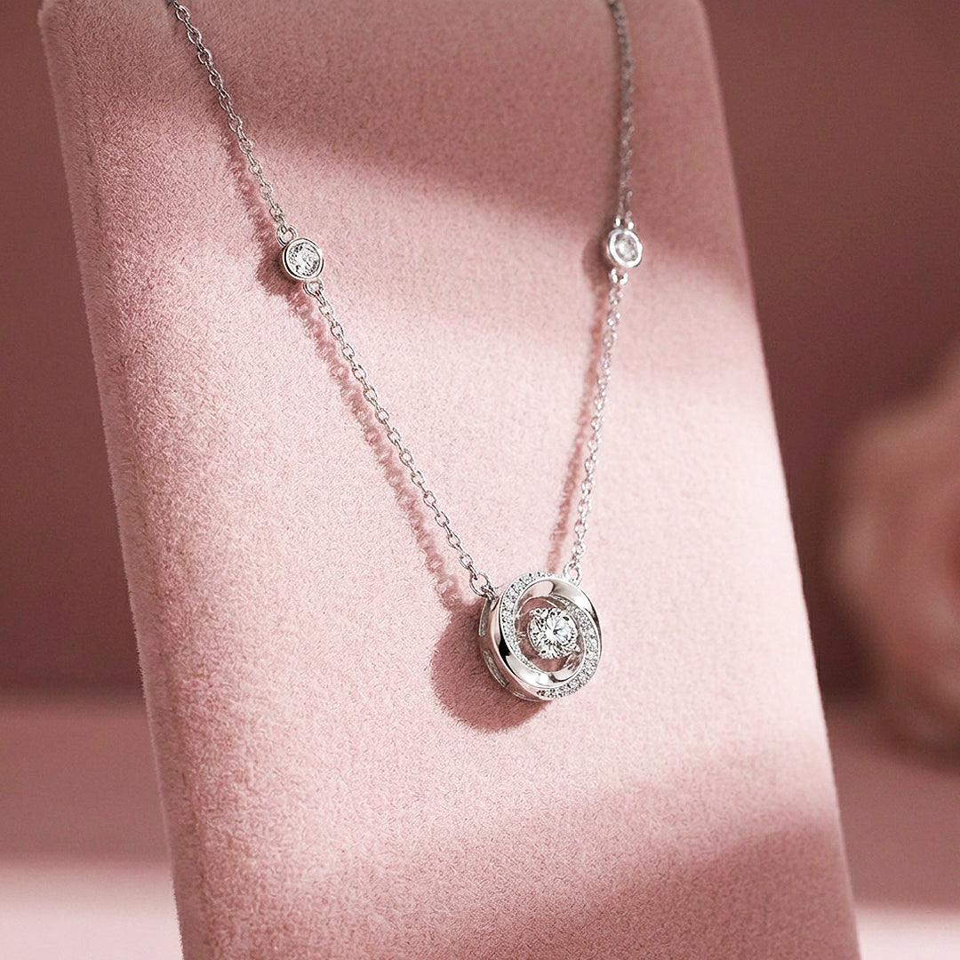 Round Halo Pendant Necklace with Chain Accents | Silver | Luxe4490 - Luxe Necklace | Singapore Jewellery, Wedding Rings &amp; Gifts | Same Day Delivery | Tiara.com.sg