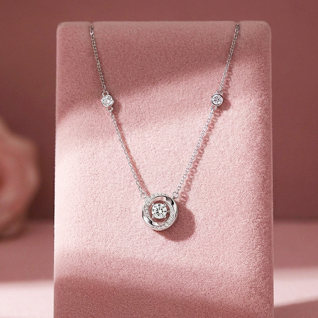 Round Halo Pendant Necklace with Chain Accents | Silver | Luxe4490 - Luxe Necklace | Singapore Jewellery, Wedding Rings &amp; Gifts | Same Day Delivery | Tiara.com.sg