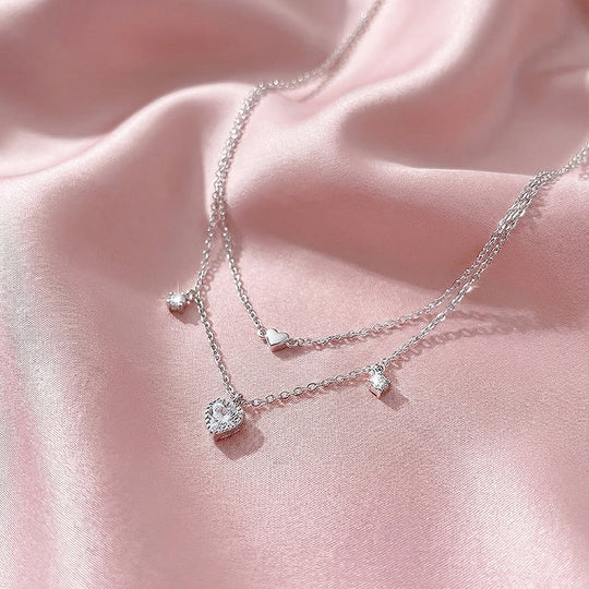 Double Layer Pavé Heart Drop Pendant Necklace | Silver | Luxe4492 - Luxe Necklace | Singapore Jewellery, Wedding Rings &amp; Gifts | Same Day Delivery | Tiara.com.sg