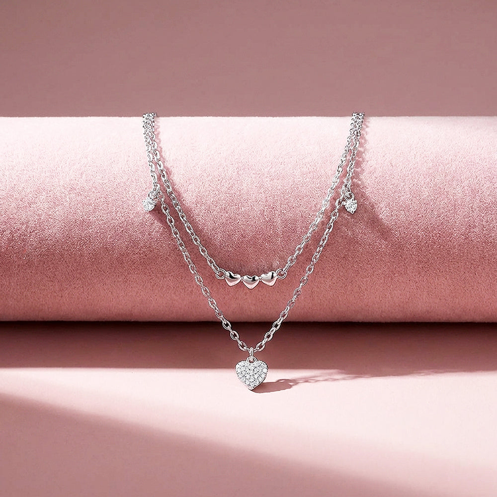 Double Layer Pavé Heart Drop Pendant Necklace | Silver | Luxe4492 - Luxe Necklace | Singapore Jewellery, Wedding Rings & Gifts | Same Day Delivery | Tiara.com.sg