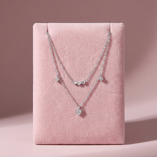 Double Layer Pavé Heart Drop Pendant Necklace | Silver | Luxe4492 - Luxe Necklace | Singapore Jewellery, Wedding Rings &amp; Gifts | Same Day Delivery | Tiara.com.sg