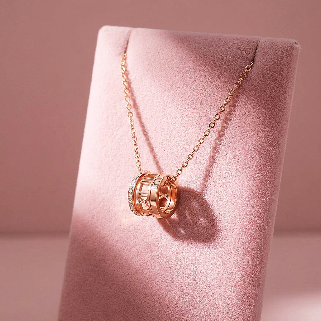 Roman Numeral Cylinder Ring Pendant Necklace | Rose Gold | Luxe4494 - Luxe Necklace | Singapore Jewellery, Wedding Rings &amp; Gifts | Same Day Delivery | Tiara.com.sg