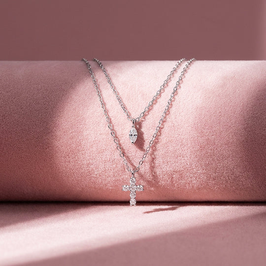 Layered Cross &amp; Marquise Pendant Necklace | Silver | Luxe4504 - Luxe Necklace | Singapore Jewellery, Wedding Rings &amp; Gifts | Same Day Delivery | Tiara.com.sg