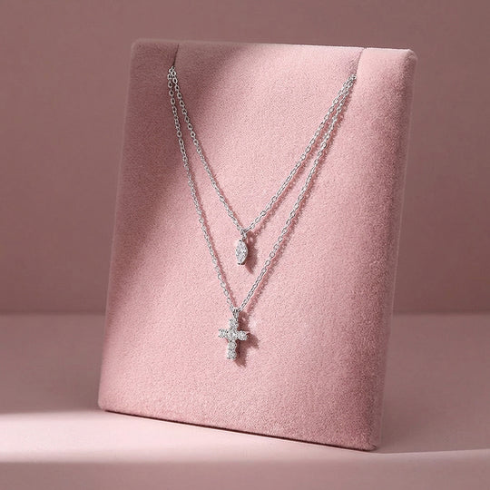 Layered Cross &amp; Marquise Pendant Necklace | Silver | Luxe4504 - Luxe Necklace | Singapore Jewellery, Wedding Rings &amp; Gifts | Same Day Delivery | Tiara.com.sg