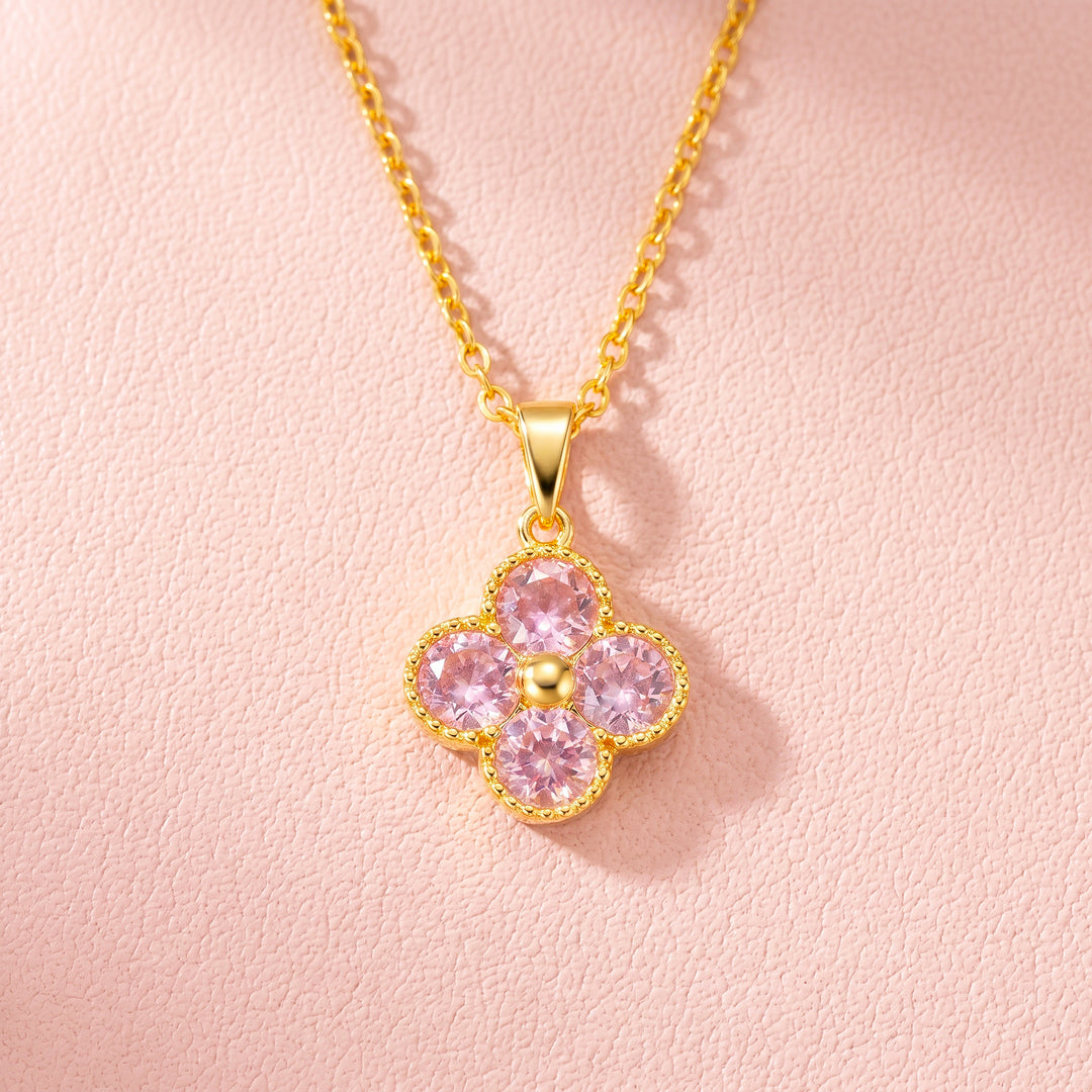 Pink Clover Floral Crystal Pendant Necklace | Gold | Luxe4538