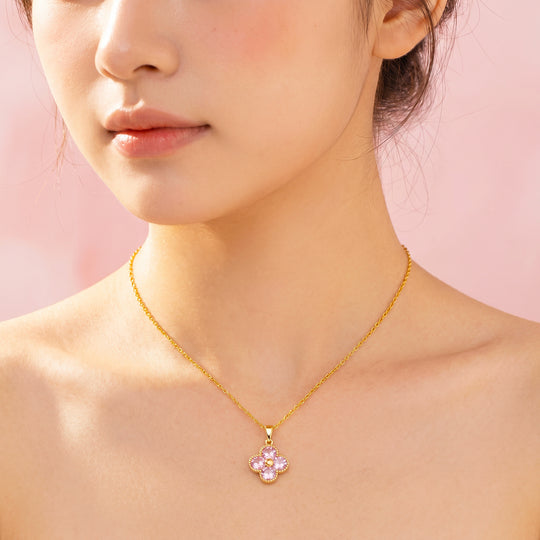 Pink Clover Floral Crystal Pendant Necklace | Gold | Luxe4538