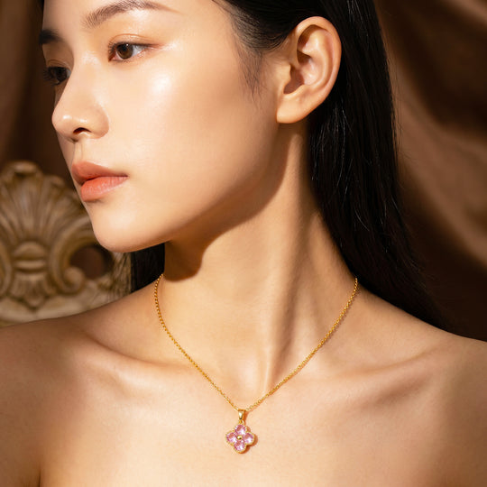 Pink Clover Floral Crystal Pendant Necklace | Gold | Luxe4538