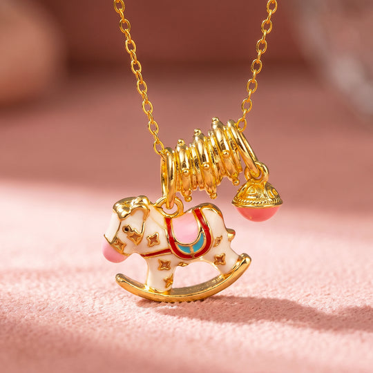 Enamel Rocking Horse Pink Charm Bell Pendant Necklace | Gold | Luxe4542