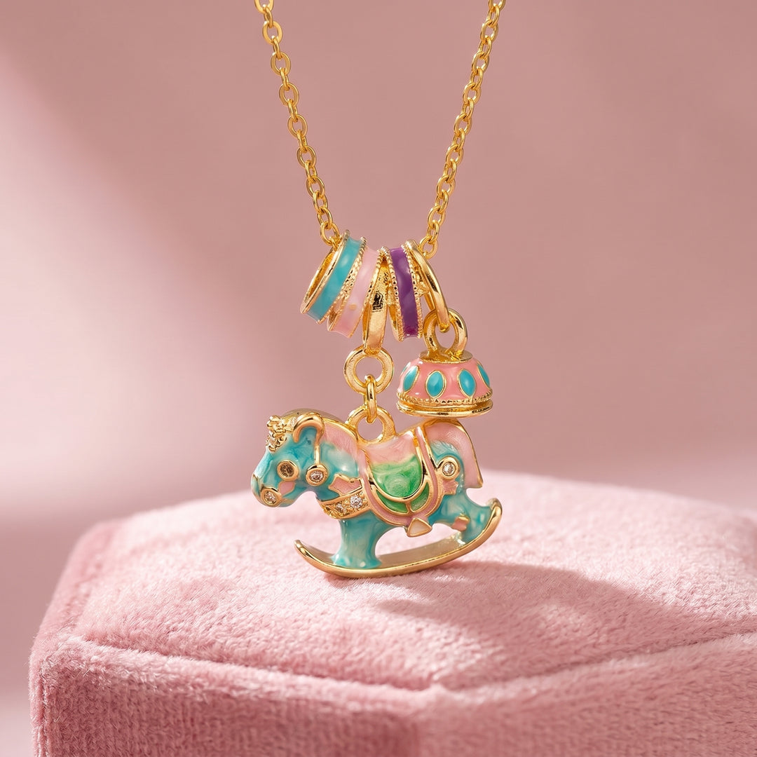 Enamel Carousel Rocking Horse Blue Pink Charm Bell Pendant Necklace | Gold | Luxe4543