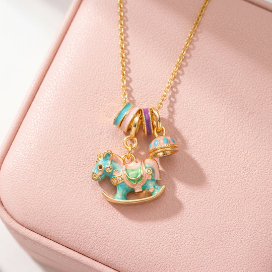 Enamel Carousel Rocking Horse Blue Pink Charm Bell Pendant Necklace | Gold | Luxe4543